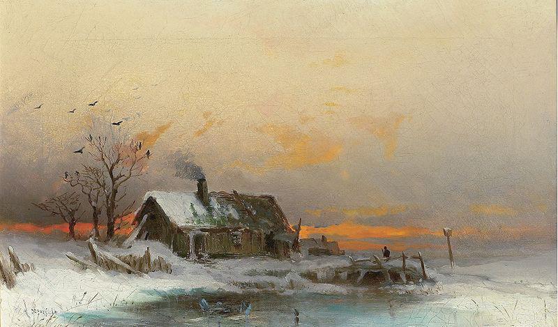 unknow artist Winter picture with cabin at a river Germany oil painting art